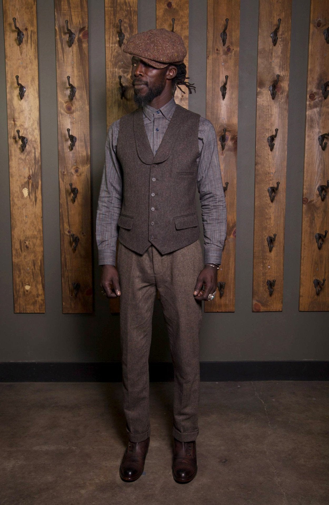 Bykowski Tailor & Garb Wool Victorian tailored wasitcoat slim fit prohibition peaky blinders lapel vest herringbone heritage clothing English Tweed Edwardian Casual 1920's 1910's vintage inspired tailored waistcoat Shawl Lapel Rustic Made in USA Handcrafted
