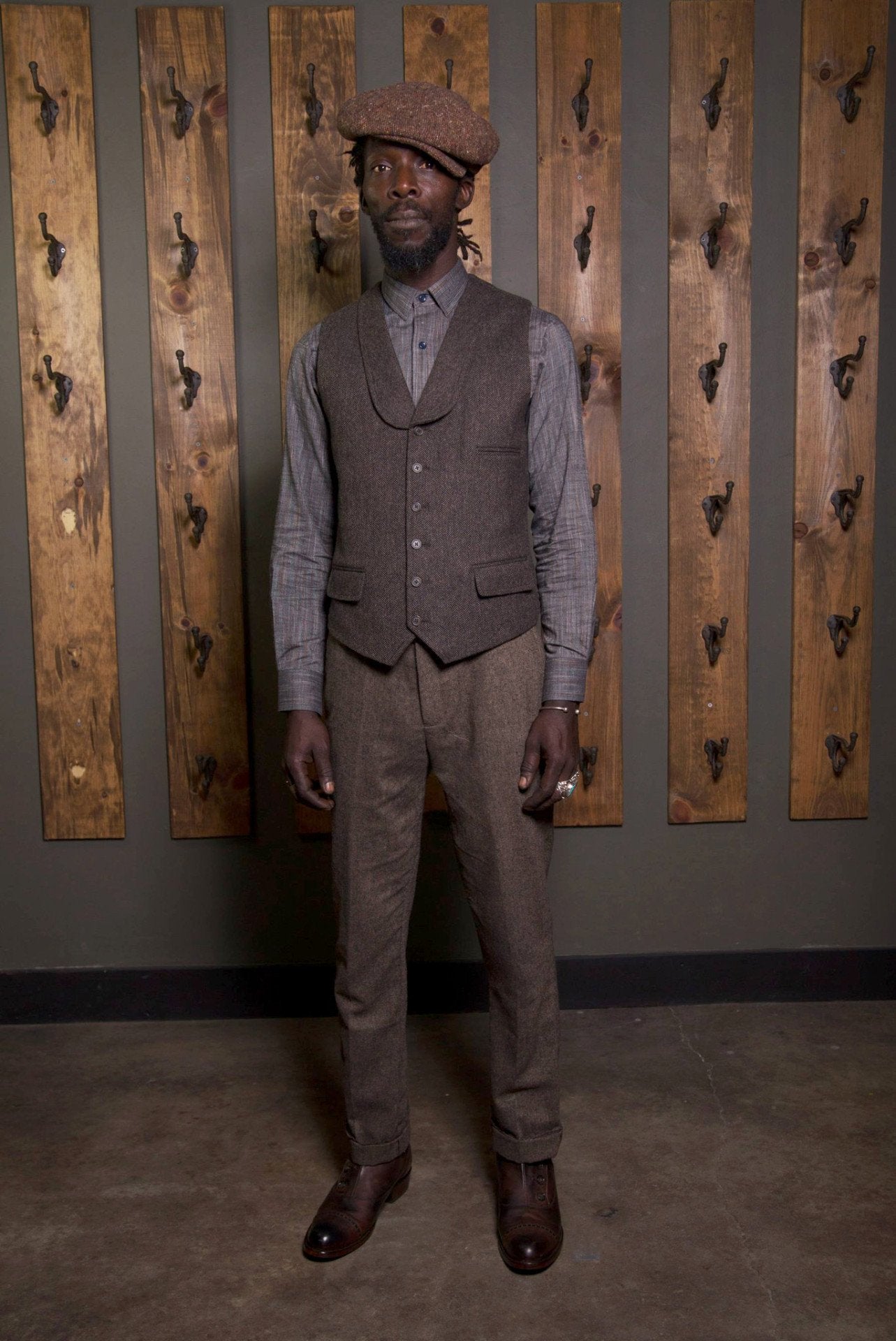 Bykowski Tailor & Garb Wool Victorian tailored wasitcoat slim fit prohibition peaky blinders lapel vest herringbone heritage clothing English Tweed Edwardian Casual 1920's 1910's vintage inspired tailored waistcoat Shawl Lapel Rustic Made in USA Handcrafted
