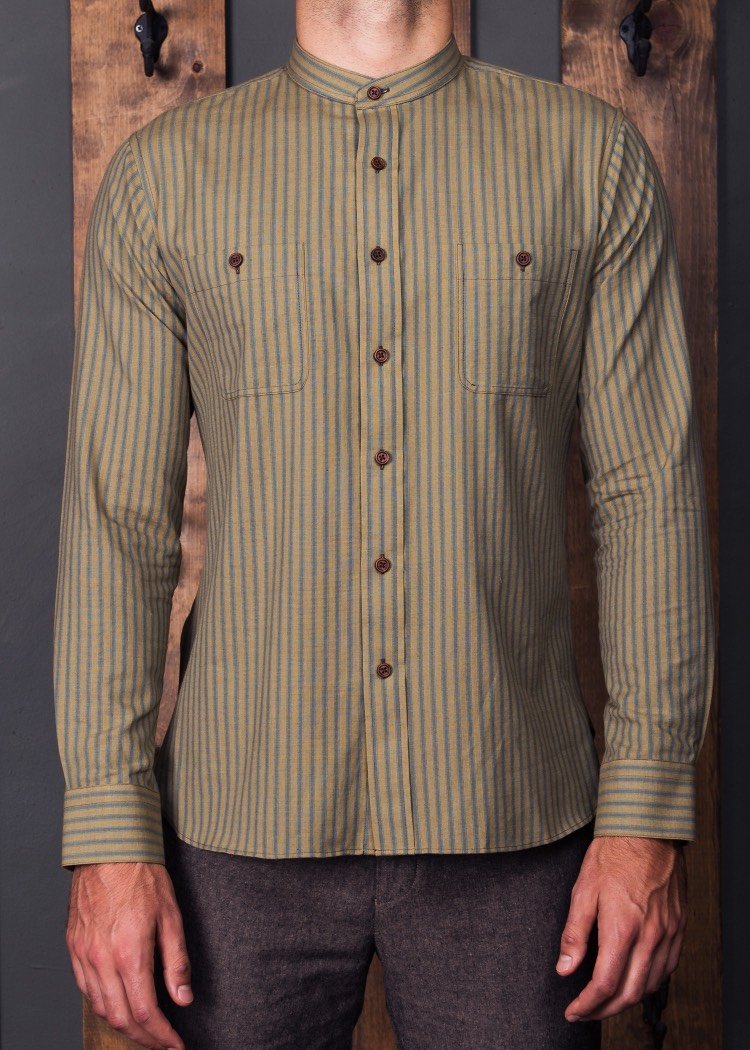 Banded Collar Tan/Light Blue Ticking Loomed Shirt