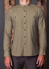 Banded Collar Tan/Light Blue Ticking Loomed Shirt