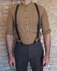 Band Collar Hand Loom Shirt-Bykowski Tailor & Garb Ticking Stripe Victorian vintage inspired Railroad peaky blinders prohibition Linen Made in USA Homespun Cotton Handcrafted Edwardian Frontier heritage clothing Casual 1920's 1800's 1910's banded colllar