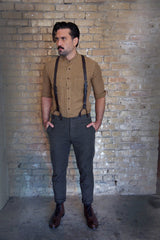 Band Collar Hand Loom Shirt-Bykowski Tailor & Garb Ticking Stripe Victorian vintage inspired Railroad peaky blinders prohibition Linen Made in USA Homespun Cotton Handcrafted Edwardian Frontier heritage clothing Casual 1920's 1800's 1910's banded colllar