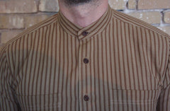 Band Collar Hand Loom Shirt-Bykowski Tailor & Garb Ticking Stripe Victorian vintage inspired Railroad peaky blinders prohibition Linen Made in USA Homespun Cotton Handcrafted Edwardian Frontier heritage clothing Casual 1920's 1800's 1910's banded colllar