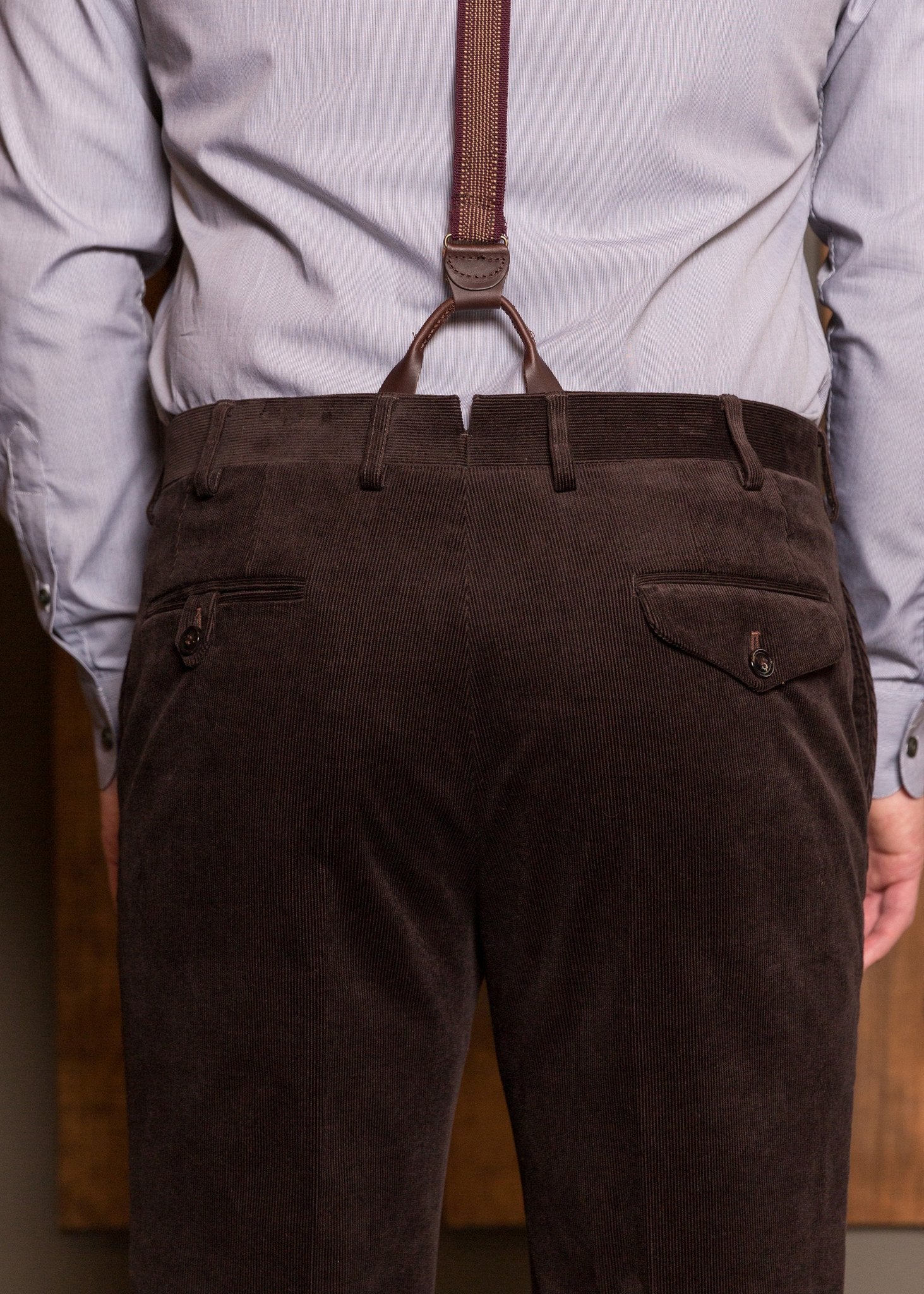Bykowski Tailor & Garb Scofflaw Trousers brown vintage inspired suspenders tailored fit slim fit prohibition heritage clothing Gatsby Edwardian Dapper Cotton Casual Barbershop 1920's 1910's Made in USA Handcrafted Corduroy