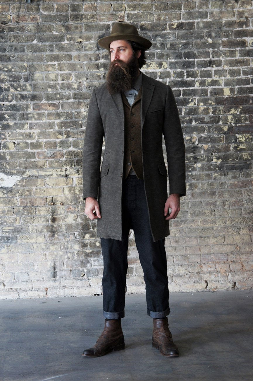 Brushed Denim Walking Jacket-Btkowski Tailor & Garb tailored fit vintage inspired Victorian peaky blinders semi peak lapel Made in USA heritage clothing Handcrafted Edwardian Gatsby Dapper Casual 1920's 1910's 1800's