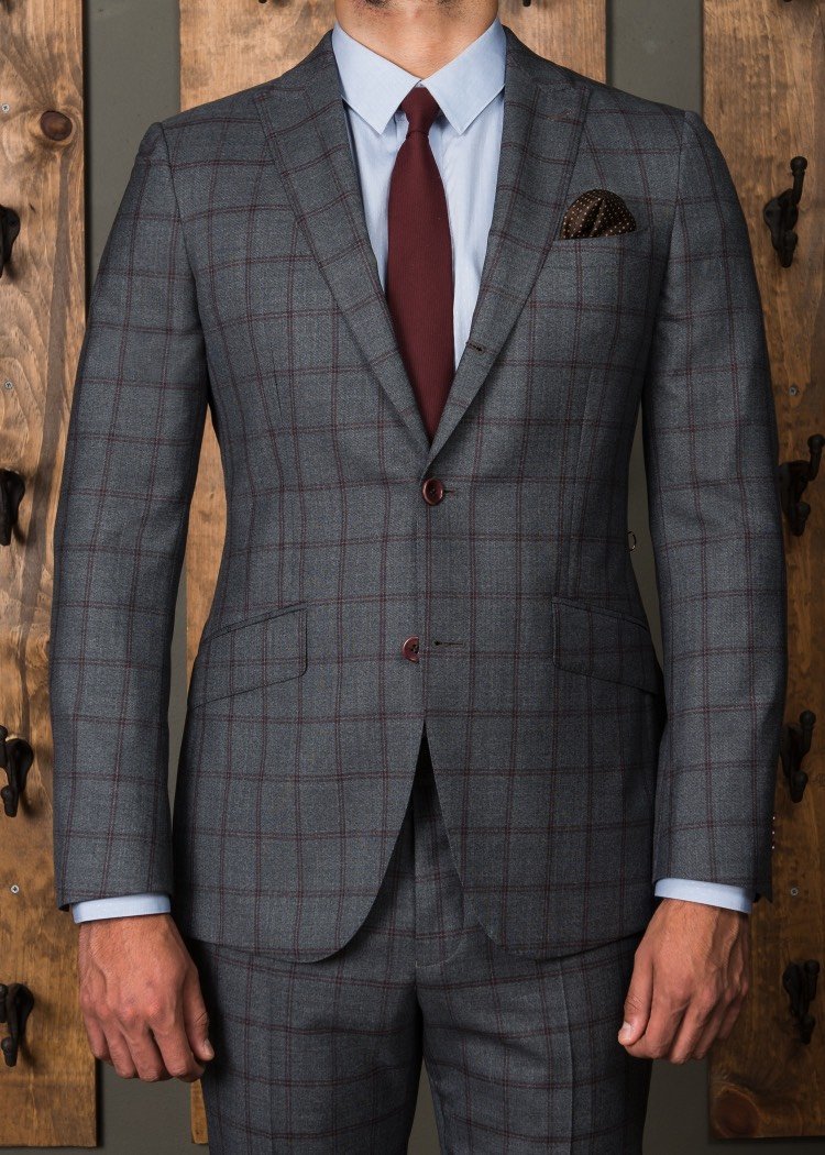 Three Button Rollover Suit Grey with Burgundy Check