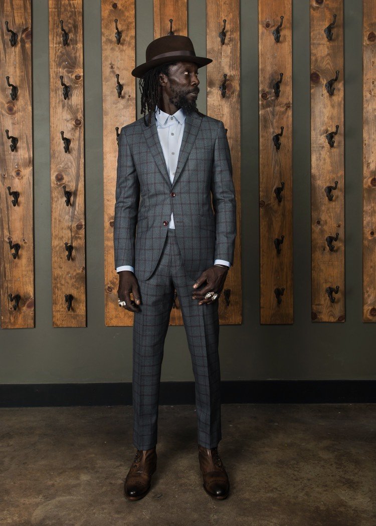 Three Button Rollover Suit Grey with Burgundy Check