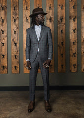 Three Button Rollover Suit Grey with Burgundy Check