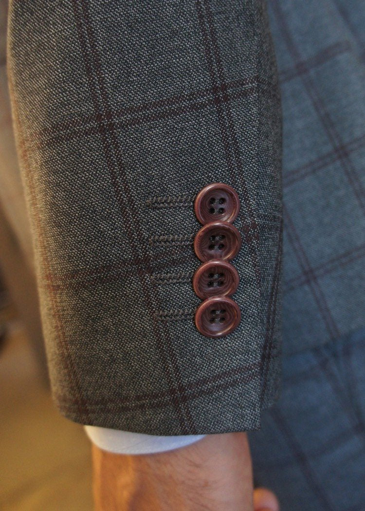 Three Button Rollover Suit Grey with Burgundy Check