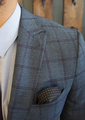 Three Button Rollover Suit Grey with Burgundy Check