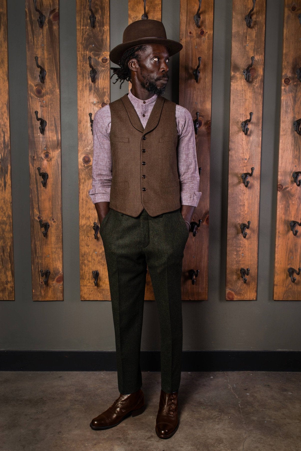 Bykowski Tailor & Garb classic notch back trousers English Tweed Wool vintage inspired suspenders tailored fit slim fit prohibition Rustic peaky blinders Made in USA herringbone heritage clothing Edwardian Dapper Barbershop 1920's 1910's