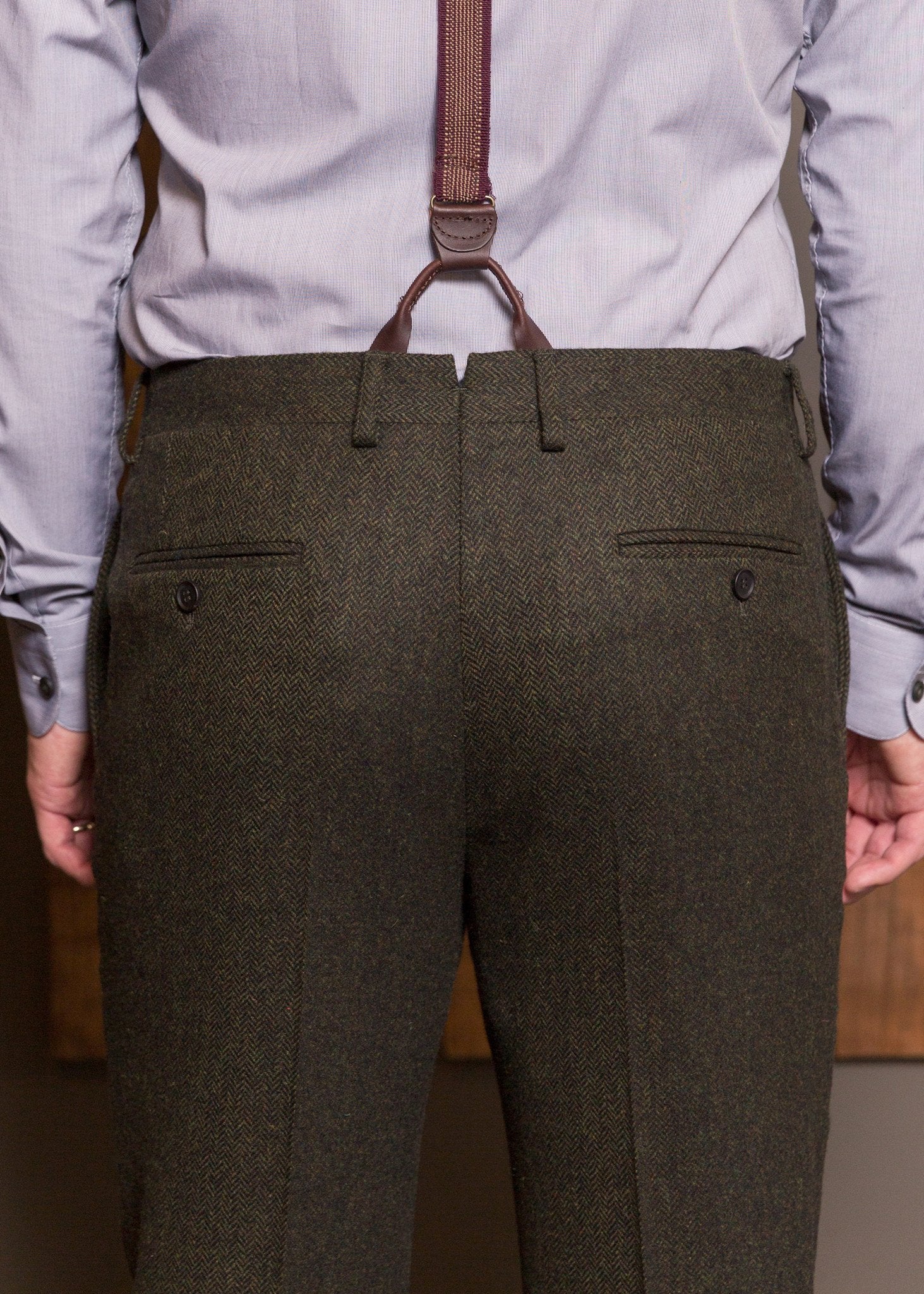 Bykowski Tailor & Garb classic notch back trousers English Tweed Wool vintage inspired suspenders tailored fit slim fit prohibition Rustic peaky blinders Made in USA herringbone heritage clothing Edwardian Dapper Barbershop 1920's 1910's