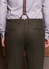 Bykowski Tailor & Garb classic notch back trousers English Tweed Wool vintage inspired suspenders tailored fit slim fit prohibition Rustic peaky blinders Made in USA herringbone heritage clothing Edwardian Dapper Barbershop 1920's 1910's