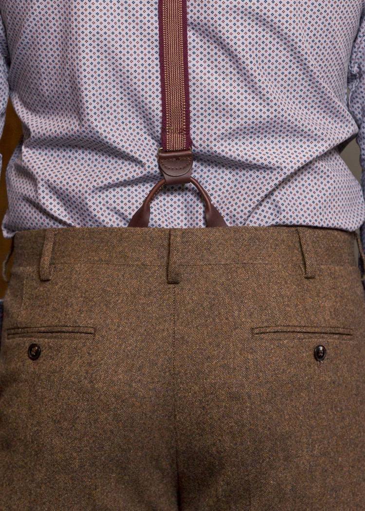 Bykowski Tailor & Garb Classic Trousers Wool suspenders tailored fit slim fit prohibition heritage clothing English Tweed Dapper brown tweed Made in USA Handcrafted Classic
