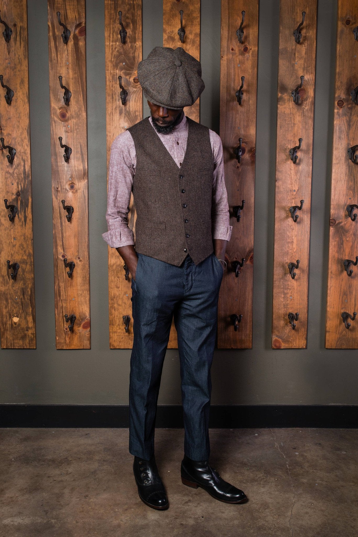 Bykowski Tailor & Garb tailored fit slim fit prohibition tweed Rustic peaky blinders Made in USA herringbone heritage clothing Handcrafted Gatsby English Tweed Edwardian Dapper Classic Casual brown Barbershop 6 button 1930's 1920's 1910's waistcoat