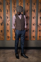 Bykowski Tailor & Garb tailored fit slim fit prohibition tweed Rustic peaky blinders Made in USA herringbone heritage clothing Handcrafted Gatsby English Tweed Edwardian Dapper Classic Casual brown Barbershop 6 button 1930's 1920's 1910's waistcoat