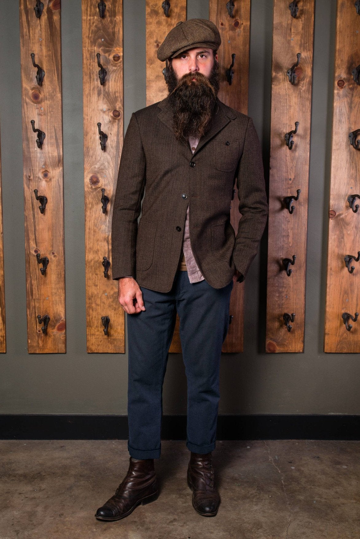 Bykowski Tailor & Garb Cossack Scofflaw Trouser vintage inspired tailored fit suspenders slim fit Rustic prohibition Railroad peaky blinders Made in USA herringbone heritage clothing Handcrafted Gatsby Denim Dapper Casual Barbershop 1930's 1920's 1910's 1800's