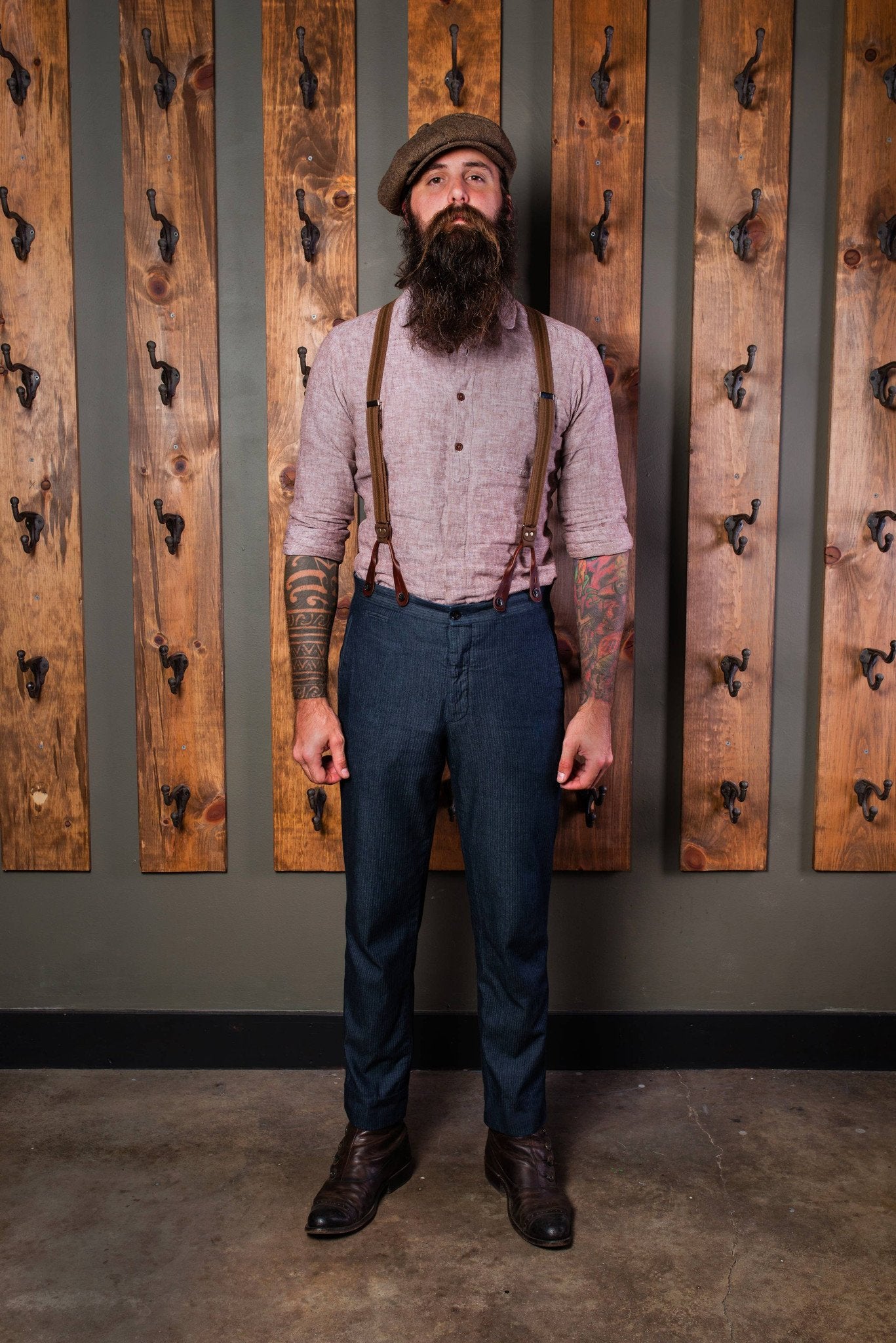 Bykowski Tailor & Garb Cossack Scofflaw Trouser vintage inspired tailored fit suspenders slim fit Rustic prohibition Railroad peaky blinders Made in USA herringbone heritage clothing Handcrafted Gatsby Denim Dapper Casual Barbershop 1930's 1920's 1910's 1800's