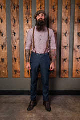 Bykowski Tailor & Garb Cossack Scofflaw Trouser vintage inspired tailored fit suspenders slim fit Rustic prohibition Railroad peaky blinders Made in USA herringbone heritage clothing Handcrafted Gatsby Denim Dapper Casual Barbershop 1930's 1920's 1910's 1800's