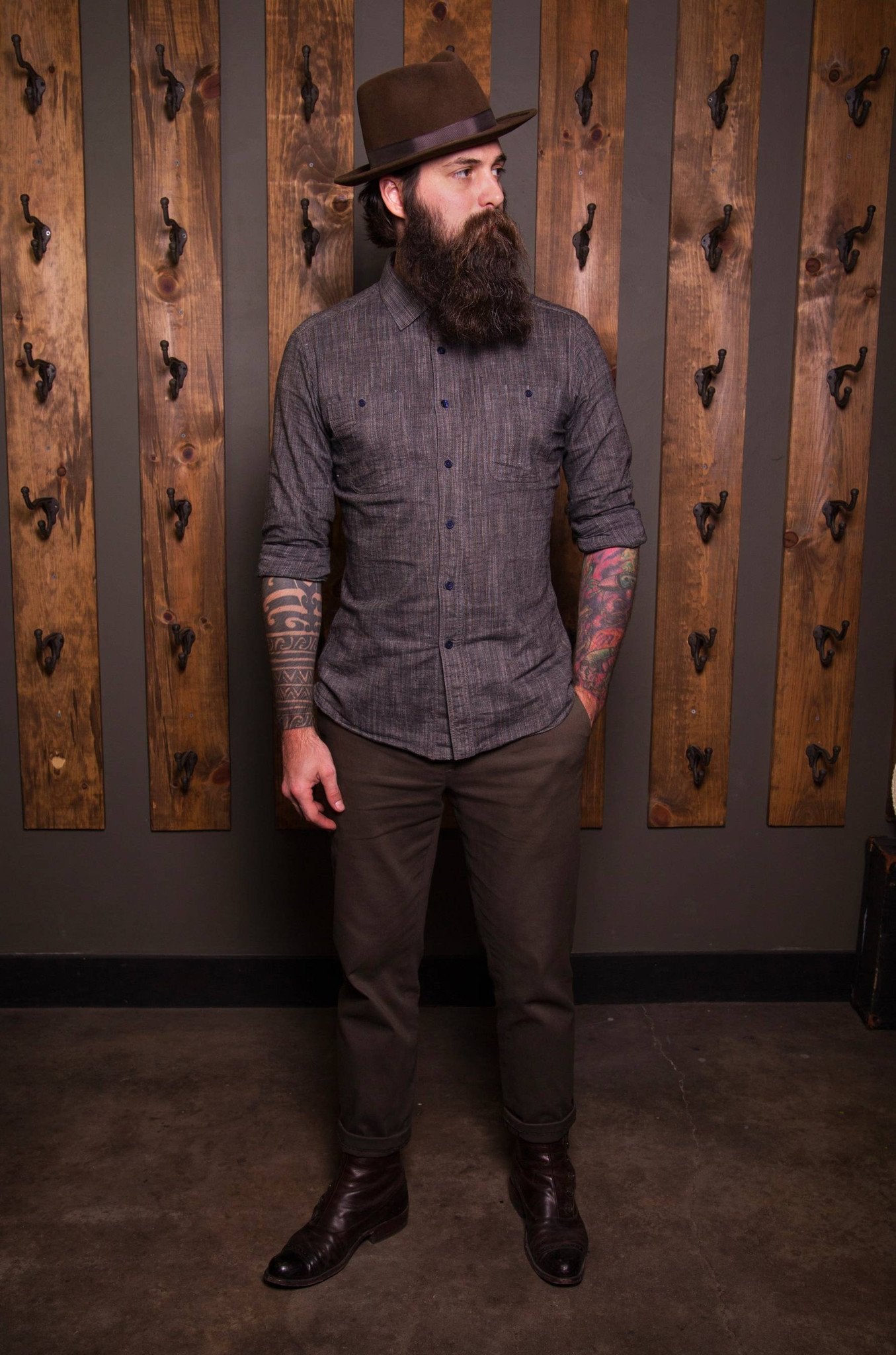 Earl Grey Work shirt-Bykowski Tailor & Garb tailored fit vintage inspired Railroad prohibition Made in USA Handcrafted heritage clothing Edwardian Denim Casual 1930's 1920's 1910's
