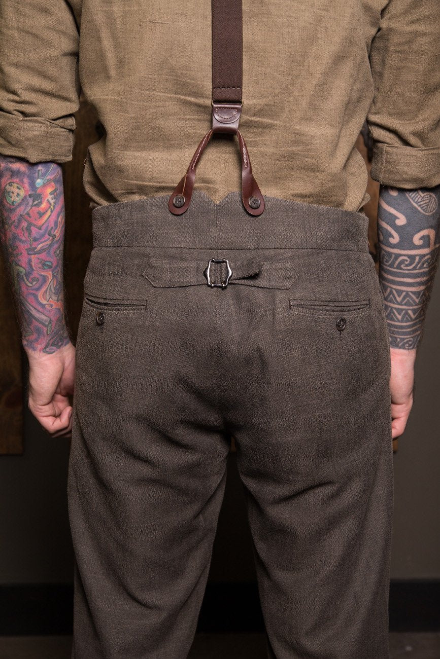 Bykowski Tailor & Garb Fishtail Back Trousers suspenders vintage inspired Victorian Rustic Railroad prohibition peaky blinders Made in USA Handcrafted heritage clothing Gatsby Edwardian Denim Dapper Casual Barbershop 1930's 1920's 1910's 1800's