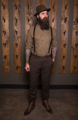 Bykowski Tailor & Garb -Wool vintage inspired tweed tailored fit suspenders slim fit Railroad prohibition peaky blinders Made in USA heritage clothing Handcrafted Gatsby English Tweed Dapper Casual Barbershop 1930's 1920's 1910's