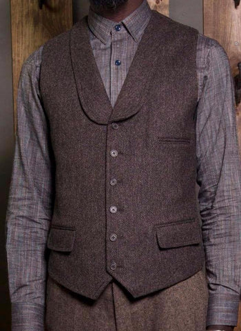Bykowski Tailor & Garb Wool Victorian tailored wasitcoat slim fit prohibition peaky blinders lapel vest herringbone heritage clothing English Tweed Edwardian Casual 1920's 1910's vintage inspired tailored waistcoat Shawl Lapel Rustic Made in USA Handcrafted