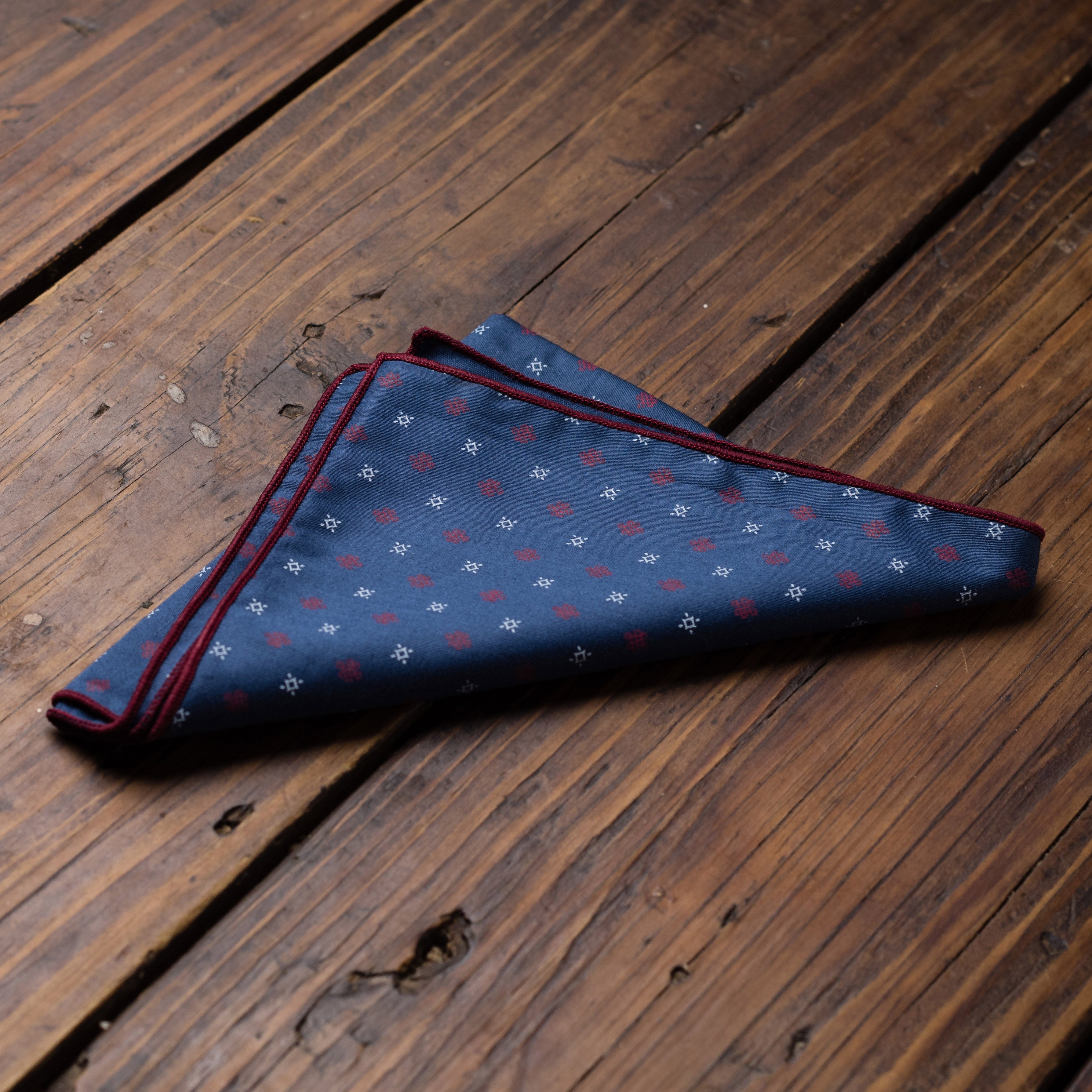 Blue with White/Burgundy Shapes Pocket Square