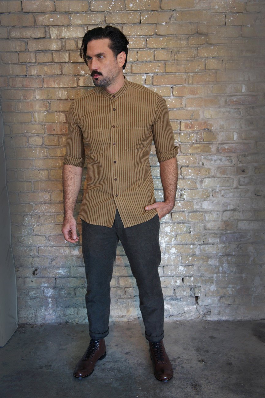 Band Collar Hand Loom Shirt-Bykowski Tailor & Garb Ticking Stripe Victorian vintage inspired Railroad peaky blinders prohibition Linen Made in USA Homespun Cotton Handcrafted Edwardian Frontier heritage clothing Casual 1920's 1800's 1910's banded colllar