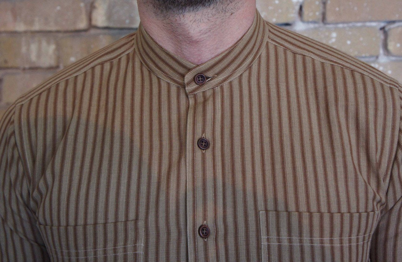 Band Collar Hand Loom Shirt-Bykowski Tailor & Garb Ticking Stripe Victorian vintage inspired Railroad peaky blinders prohibition Linen Made in USA Homespun Cotton Handcrafted Edwardian Frontier heritage clothing Casual 1920's 1800's 1910's banded colllar