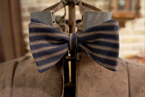 Blue Tan Stripe - Edwardian 1920's 1930's dandy cotton bowtie BYBT-H27 1 - Bykowski Tailor & Garb