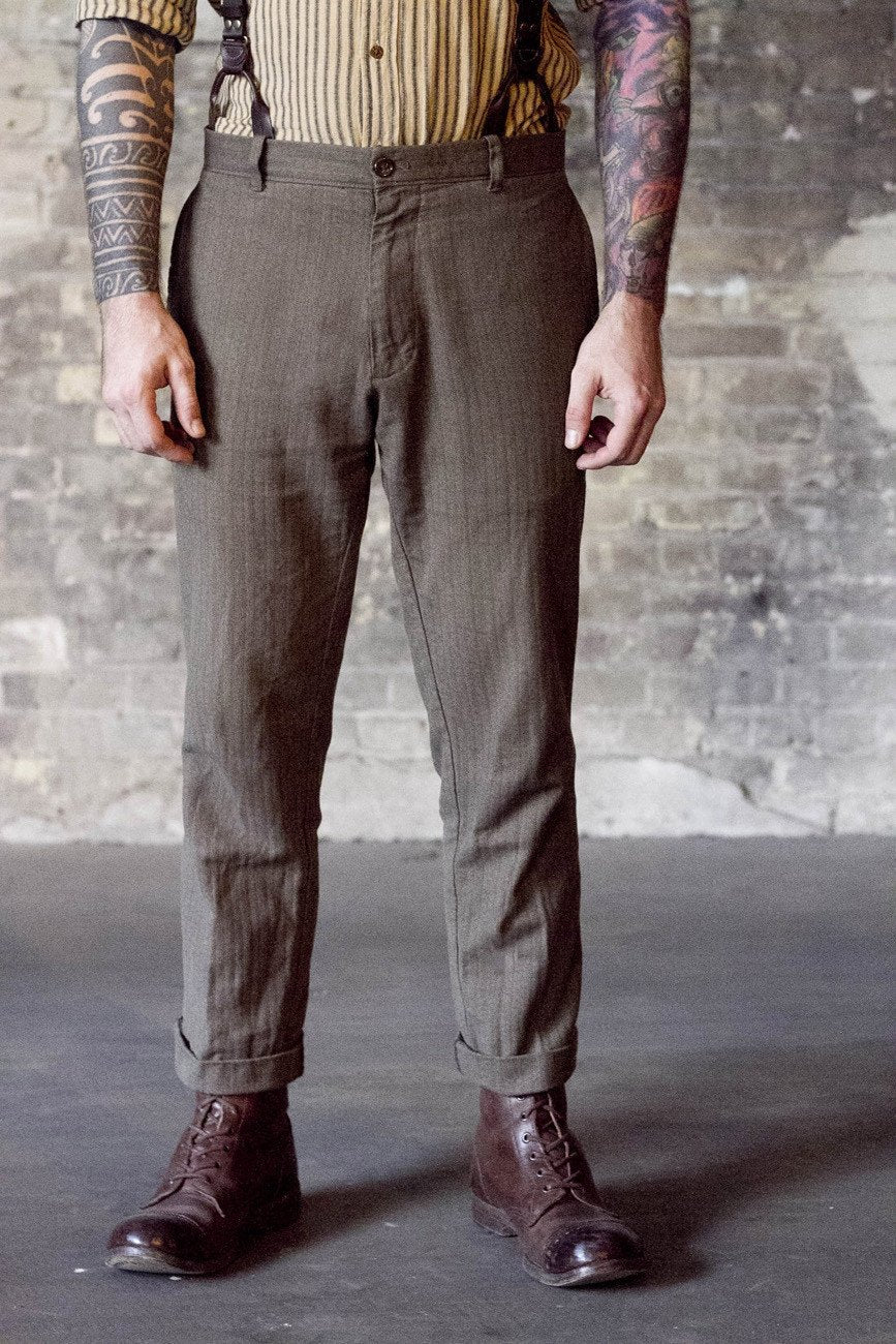 Casual Trousers - Bykowski Tailor & Garb suspenders prohibition Railroad Edwardian Denim Casual 1930's 1920's 1910's vintage inspired Rustic Made in USA Handcrafted