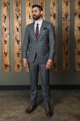 Three Button Rollover Suit Grey with Burgundy Check
