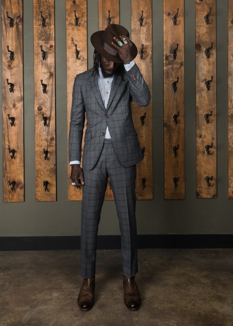 Three Button Rollover Suit Grey with Burgundy Check