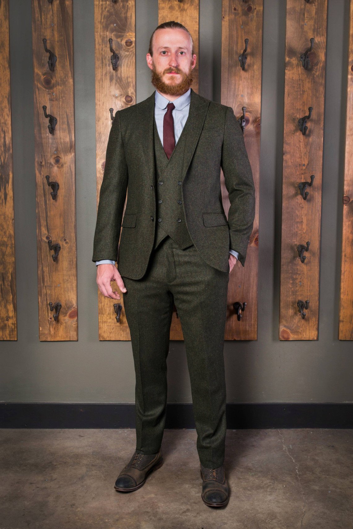 Classic Peak Tweed Suit-Bykowski Tailor & Garb Green tailored fit slim fit Wool vintage inspired prohibition peaky blinders high armholes English Tweed Gatsby Edwardian Classic Dapper 1930's 1920's Vintage tweed Rustic Made in USA Handcrafted