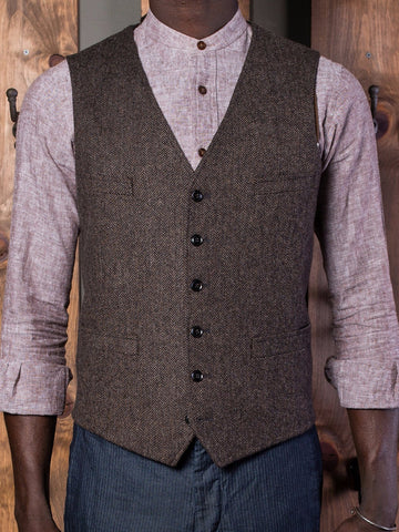 Bykowski Tailor & Garb tailored fit slim fit prohibition tweed Rustic peaky blinders Made in USA herringbone heritage clothing Handcrafted Gatsby English Tweed Edwardian Dapper Classic Casual brown Barbershop 6 button 1930's 1920's 1910's waistcoat