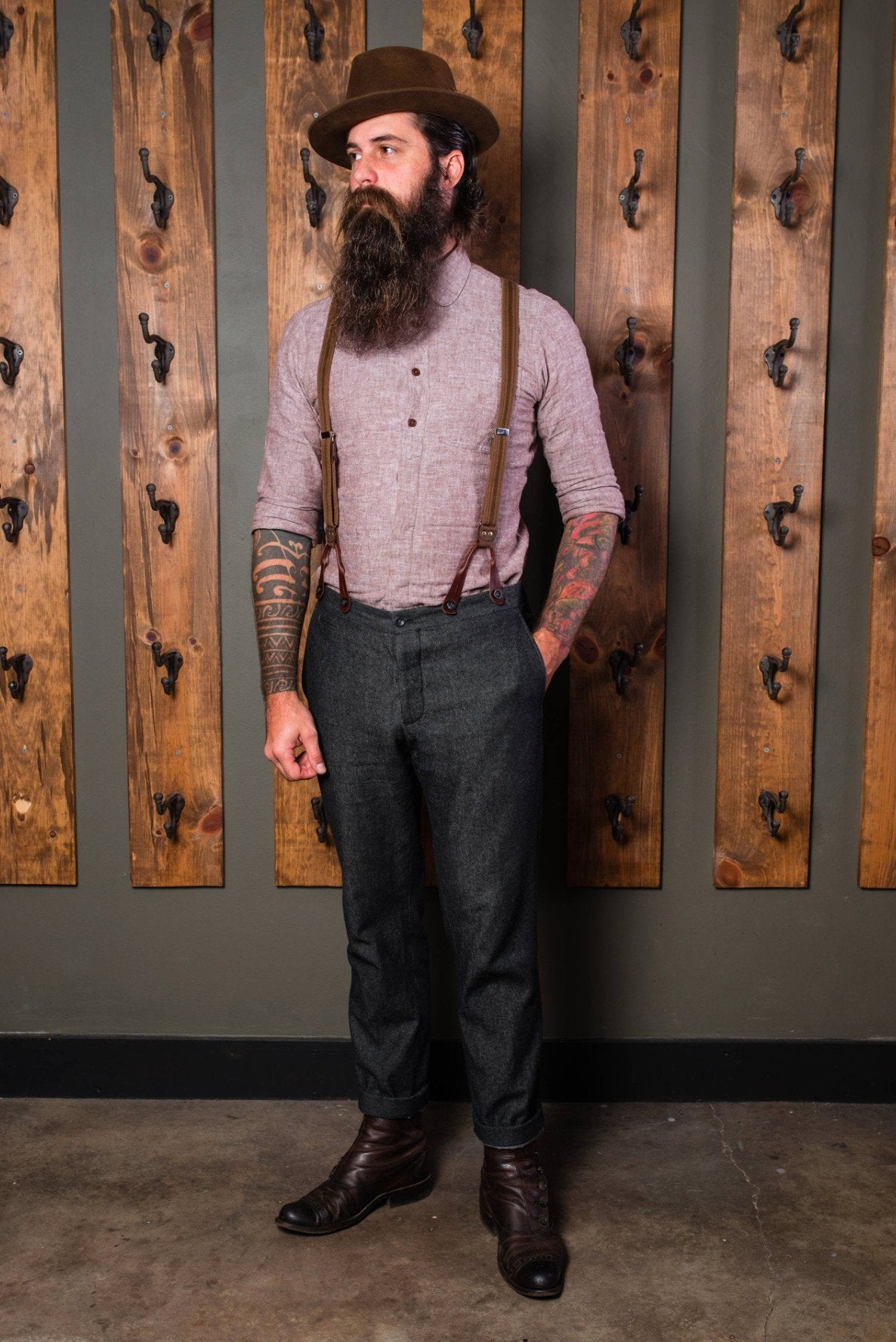 Bykowski Tailor & Garb Cossack Trouser vintage inspired suspenders tailored fit slim fit Railroad prohibition heritage clothing Gatsby Edwardian Dapper Casual 1930's 1920's 1910's 1800's Made in USA Handcrafted Denim