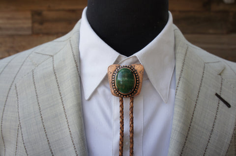 Bolo Tie classic Cowboy copper (green) jade saddle tan