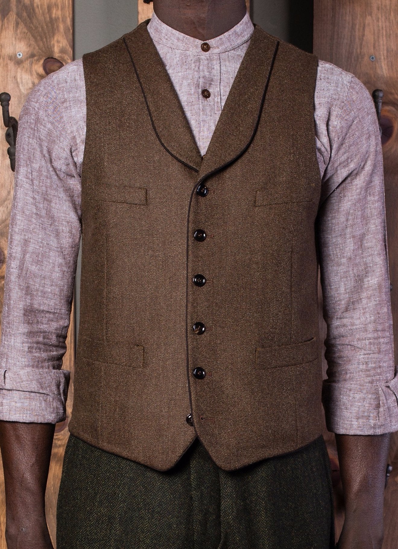 Bykowski Tailor & Garb waistcoat tailored fit slim fit peaky blinders Made in USA shawl lapel vest Handcrafted Gatsby Edwardian Dapper brown Barbershop 6 button 1920's 1910's prohibition  1800's 
