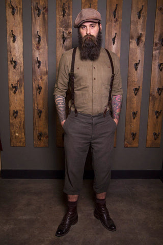 Bykowski Tailor & Garb -fishtail back trosuers knickers Rustic suspenders vintage inspired Railroad prohibition peaky blinders Made in USA heritage clothing Gatsby Edwardian Denim Casual 1930's 1920's 1910's 1800's