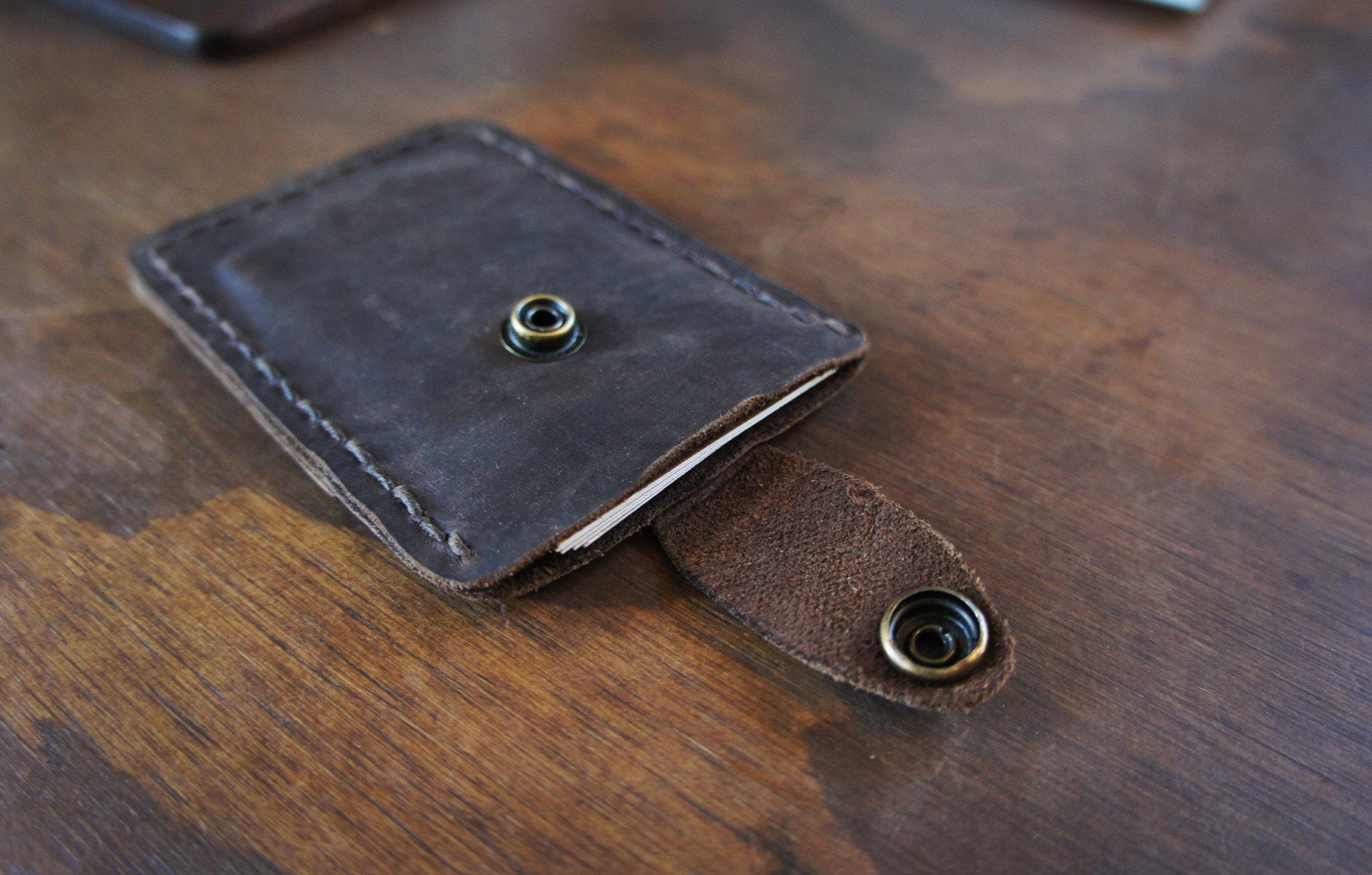 Leather snap wallet- Bykowski Tailor & Garb- minimalist Wallet Rustic Made in USA Leather Handcrafted Gift