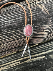 Bolo Tie roped edge Rhodite (pink) silver/ saddle tan