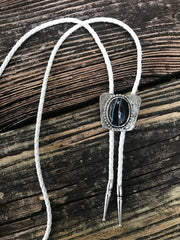 Bolo Tie classic Cowboy silver onyx white cord