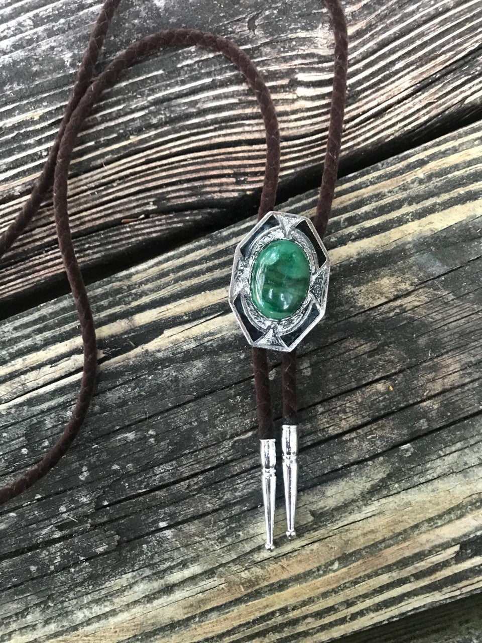 Bolo Tie Bezel  Silver (green) Jade brown leather cord