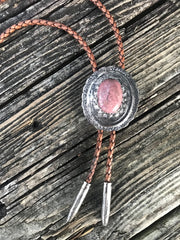 Bolo Tie Concho Rhodonite (pink) silver antique brown cord bullet tips